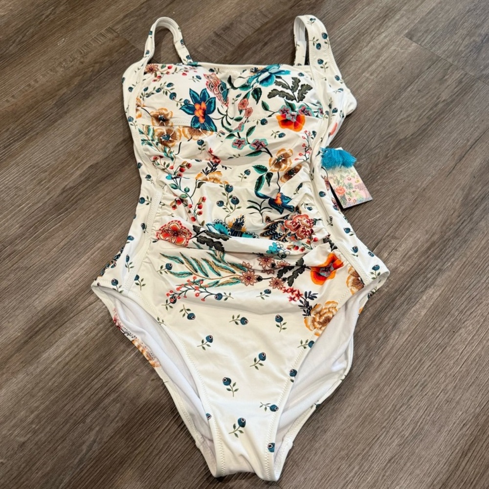 Johnny Was Ruched Multi White Floral One Piece Swimsuit - Picture 2 of 11